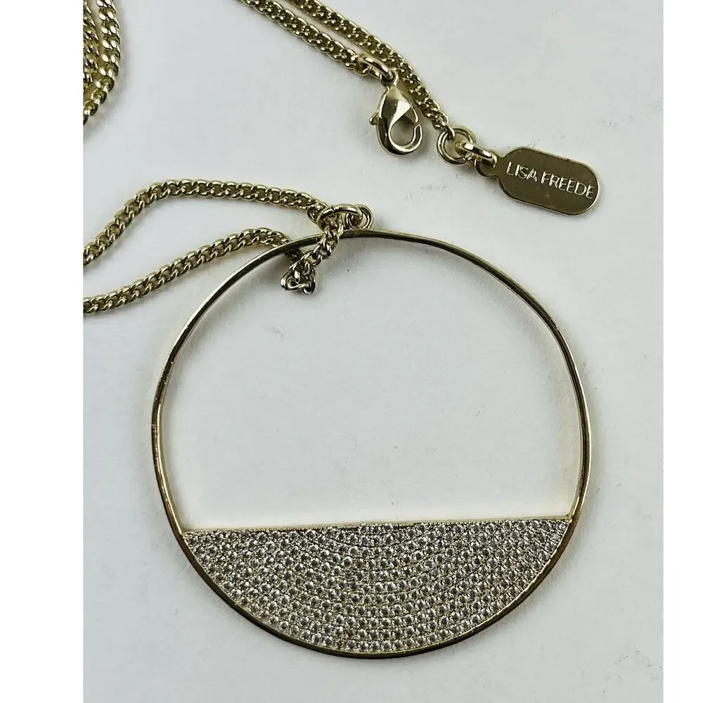 Lisa Freede Gold Micro Pave Eclipse Long Necklace Pendant Disc Celebrity Jewelry